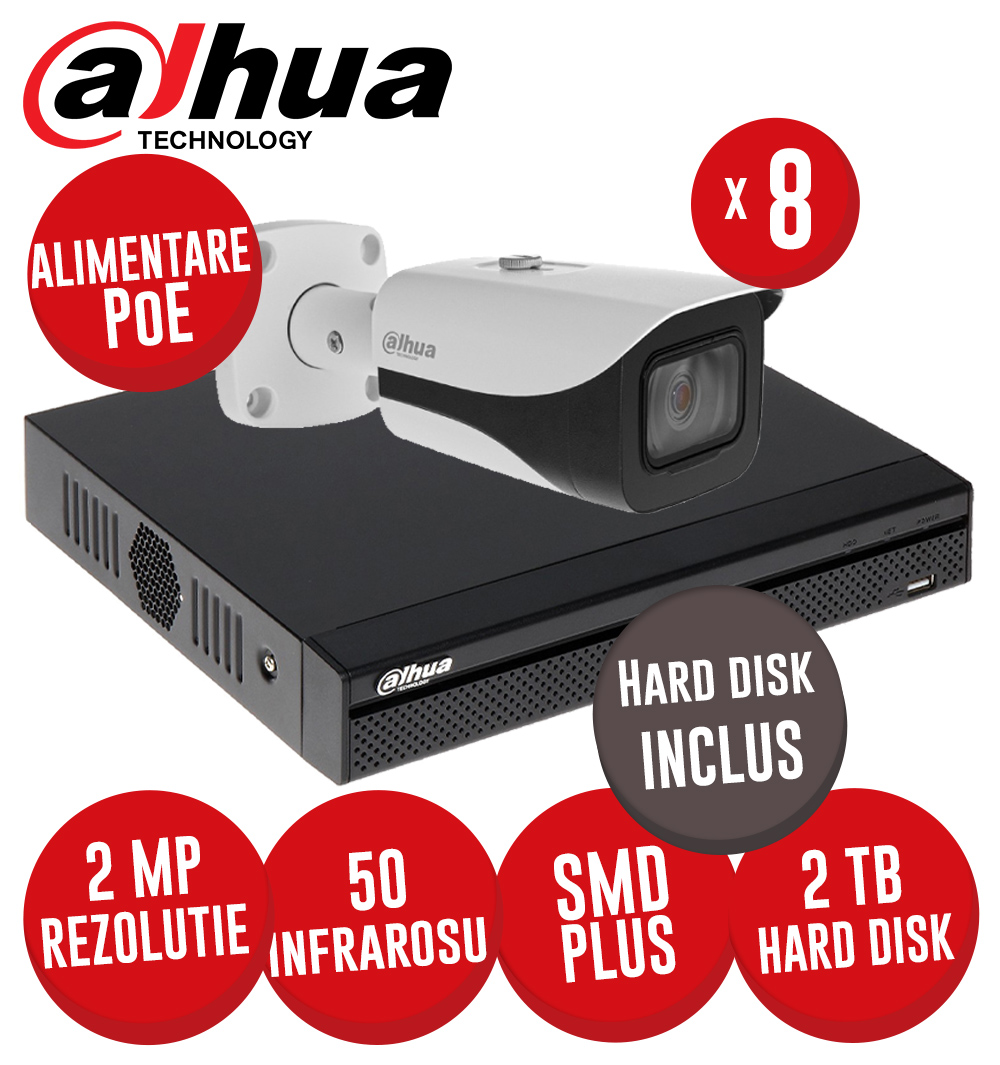 Kit NVR 8 canale 8MP, 8 camere IP 2MP, IR 50m, alimentare PoE, HDD  -  KIT405