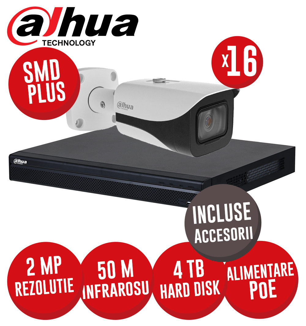 Sistem complet NVR 16 canale 8MP, 16 camere IP 2MP, IR 50m, alimentare PoE, HDD, accesorii - KIT408