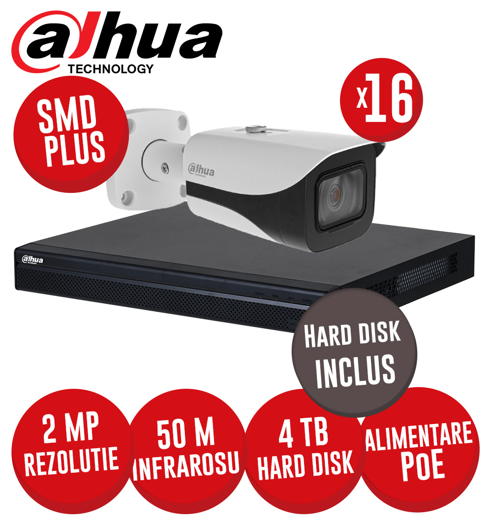 Kit NVR 16 canale 8MP, 16 camere IP 2MP, IR 50m, alimentare PoE, HDD - KIT409