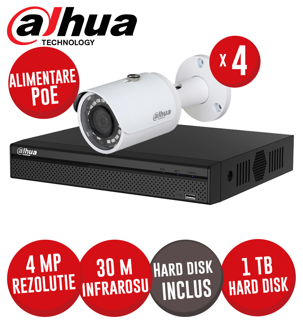 Kit NVR 4 canale 8MP, 4 camere IP 4MP, IR 30m, alimentare PoE, HDD - KIT412