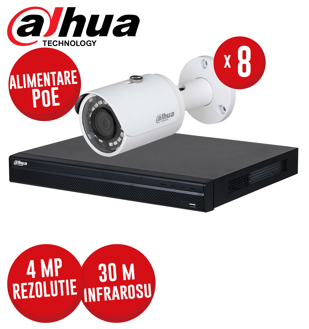 Kit NVR 8 canale 8MP, 8 camere IP 4MP, IR 30m, alimentare PoE - KIT418