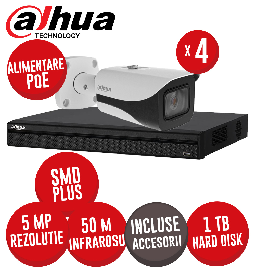 Sistem complet NVR 4 canale 8MP, 4 camere IP 5MP, IR 50m, alimentare PoE, HDD, accesorii - KIT423