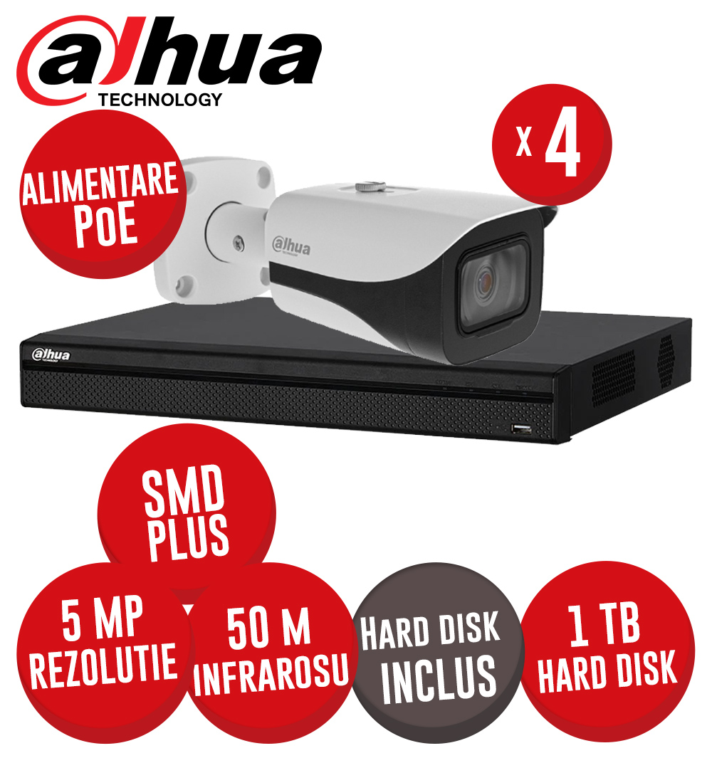 Kit NVR 4 canale 8MP, 4 camere IP 5MP, IR 50m, alimentare PoE, HDD - KIT424