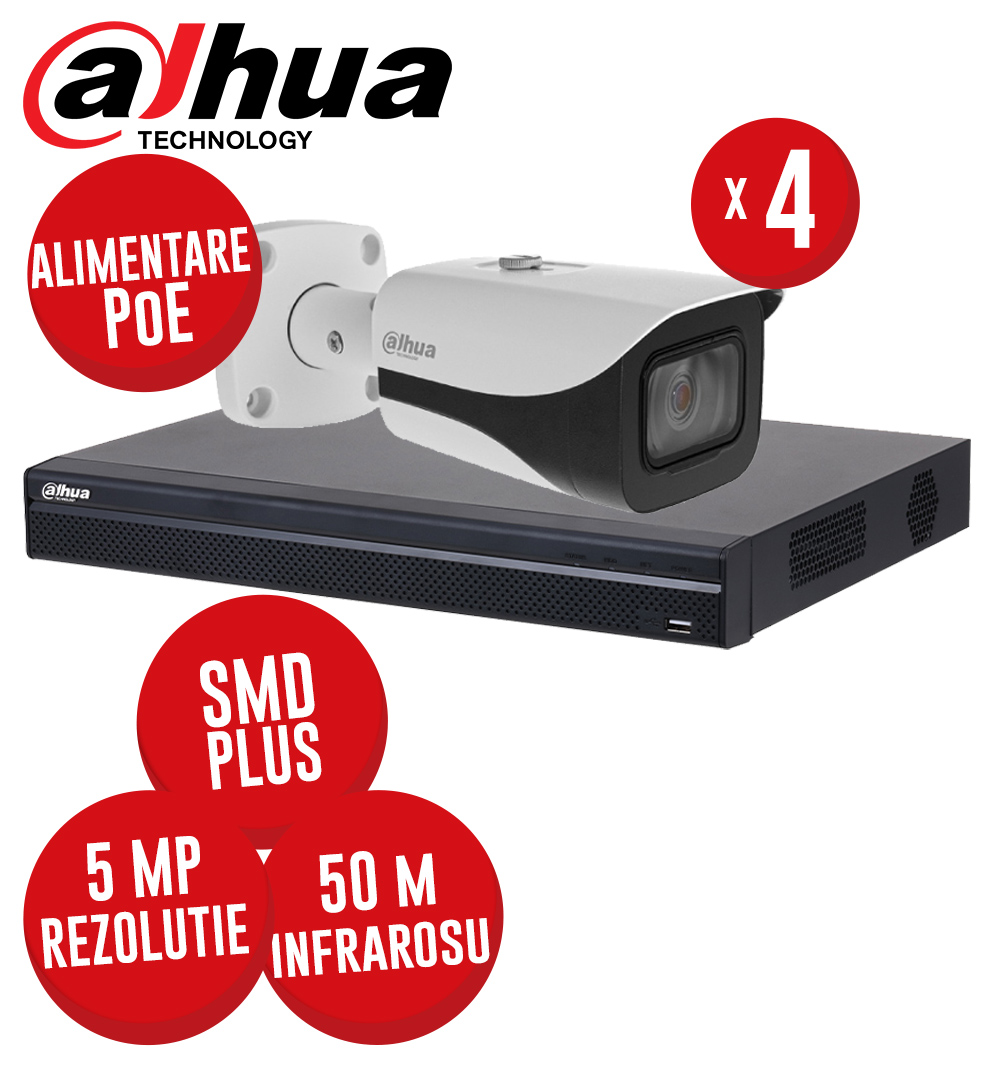 Kit NVR 4 canale 8MP, 4 camere IP 5MP, IR 50m, alimentare PoE - KIT427