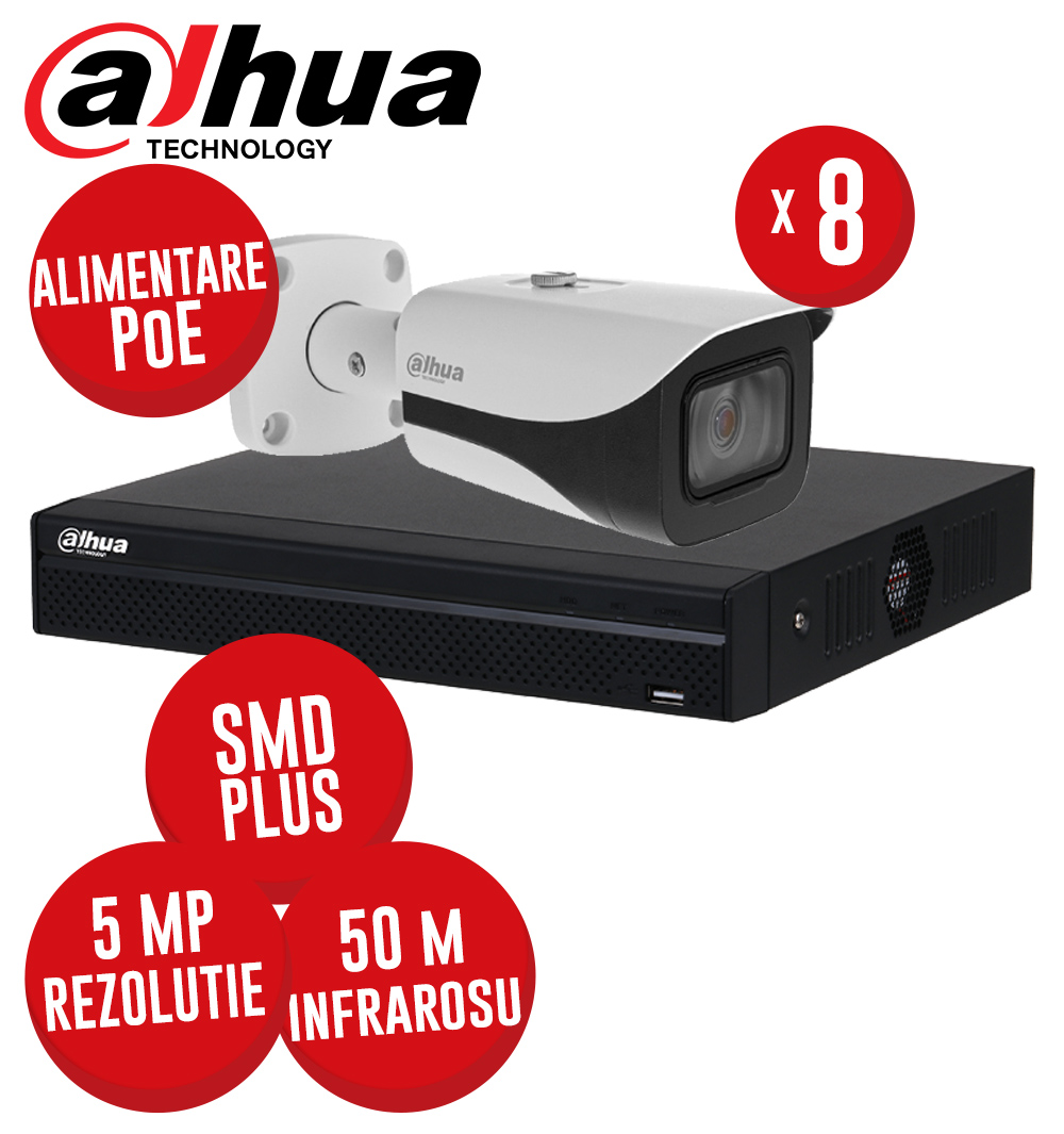Kit NVR 8 canale 8MP, 8 camere IP 5MP, IR 50m, alimentare PoE - KIT430