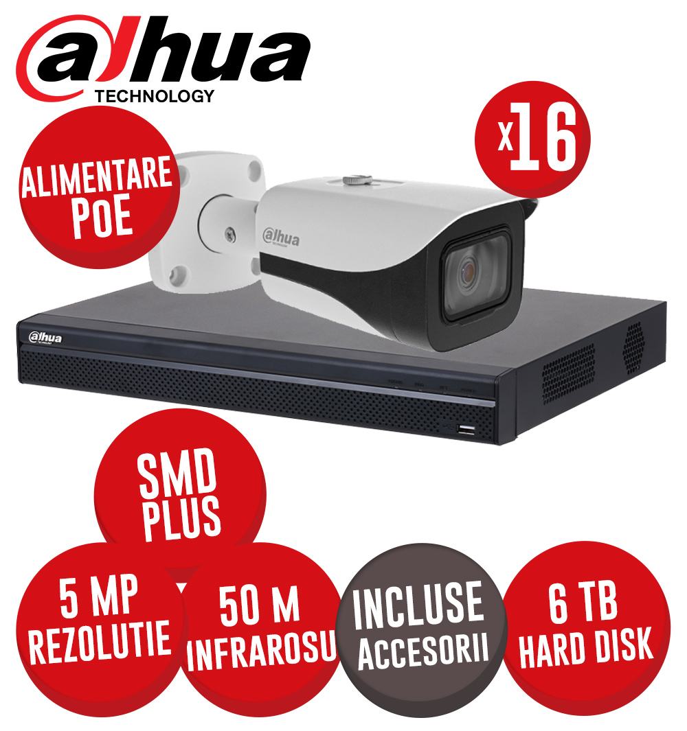 Sistem complet NVR 16 canale 8MP, 16 camere IP 5MP, IR 50m, alimentare PoE, HDD, accesorii - KIT431