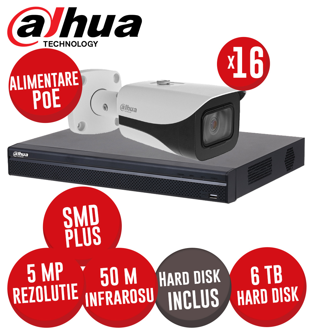 Kit NVR 16 canale 8MP, 16 camere IP 5MP, IR 50m, alimentare PoE, HDD - KIT432