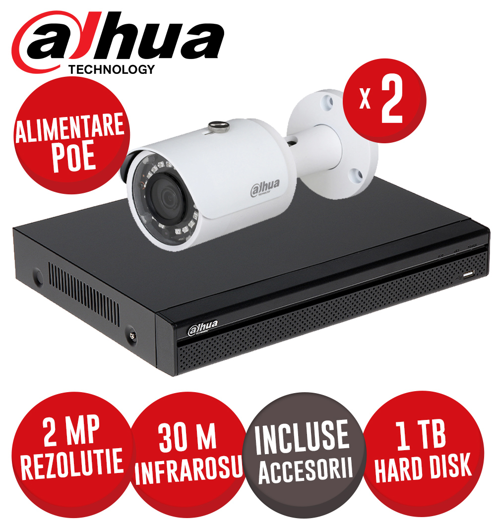 Sistem complet NVR 4 canale 5MP, 2 camere IP 2MP, IR 30m, switch 4xPoE, HDD, Cabluri - KIT434