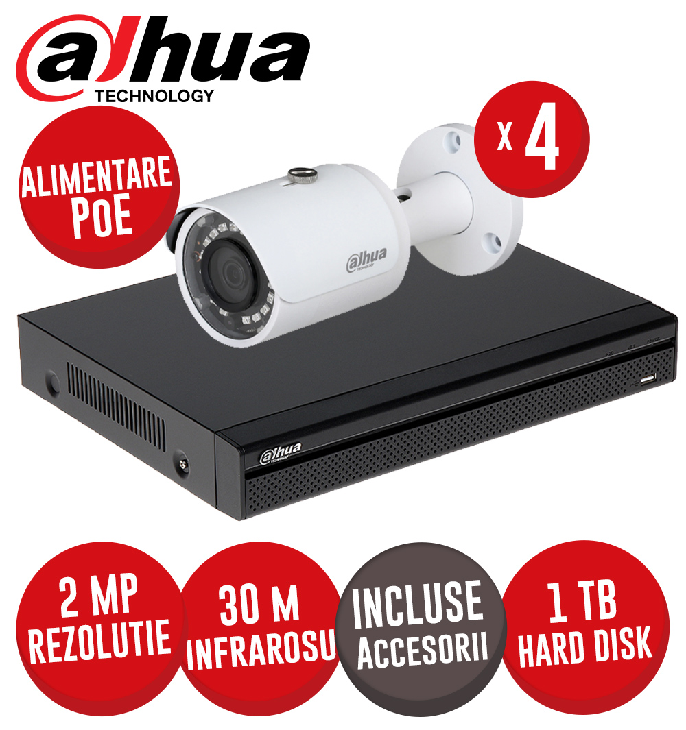 Sistem complet NVR 4 canale 5MP, 4 camere IP 2MP, IR 30m, switch 4xPoE, HDD, Cabluri - KIT435