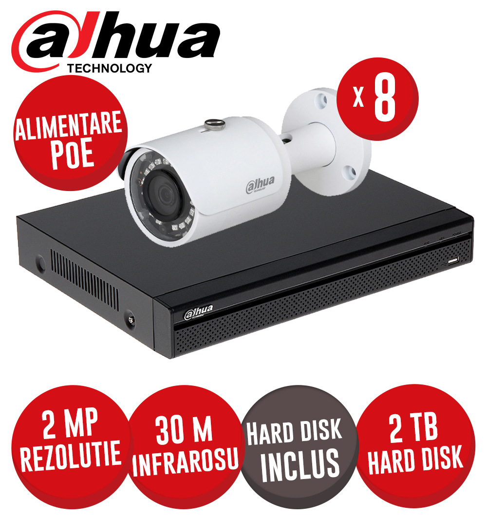 Kit NVR 8 canale 5MP, 8 camere IP 2MP, IR 30m, switch 8xPoE, HDD - KIT441