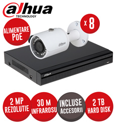 Sistem complet NVR 8 canale 5MP, 8 camere IP 2MP, IR 30m, switch 8xPoE, HDD, Cabluri - KIT442