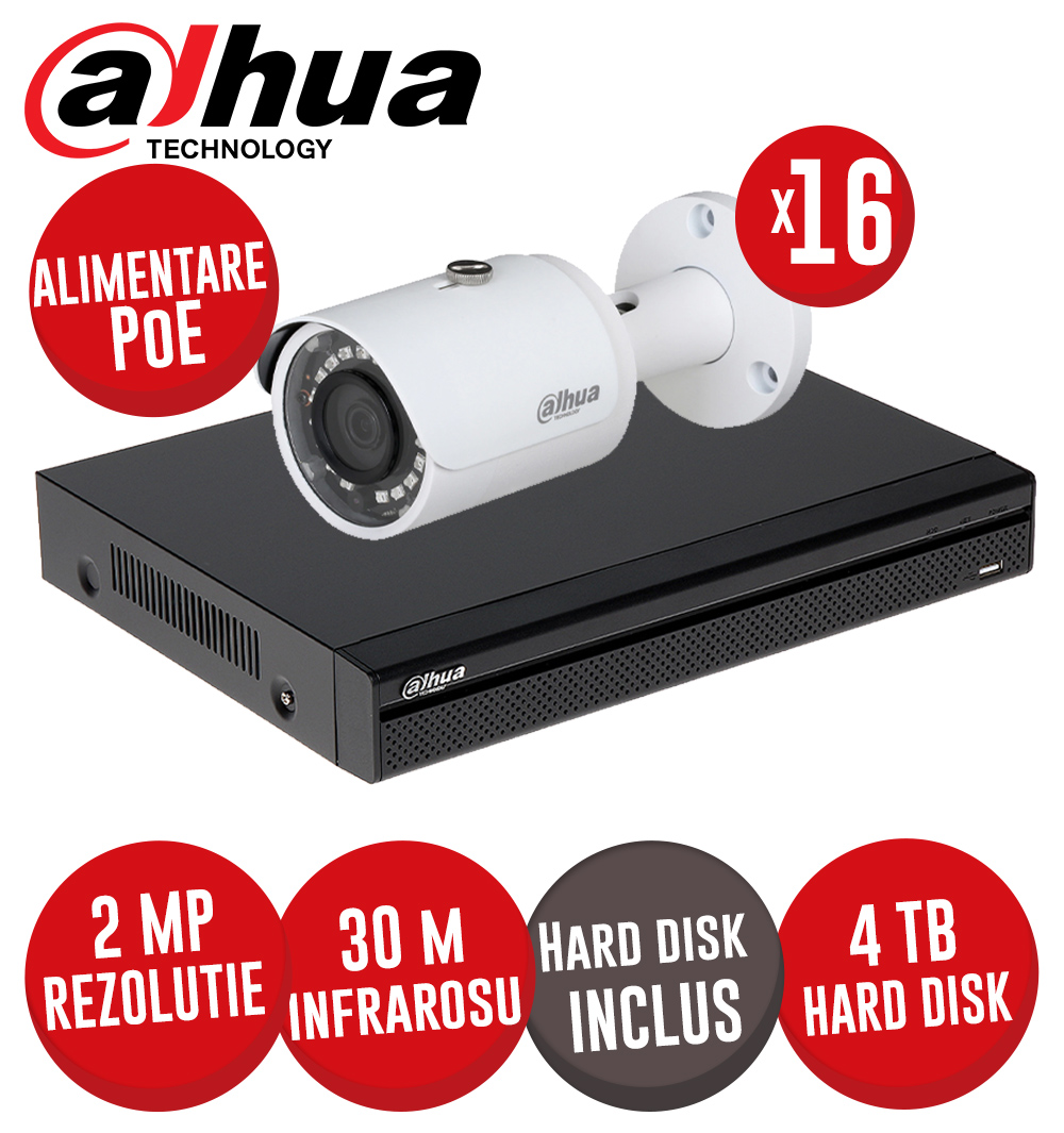 Kit NVR 16 canale 5MP, 16 camere IP 2MP, IR 30m, switch 16xPoE, HDD - KIT444