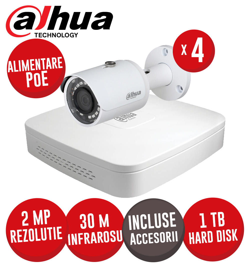 Sistem complet NVR 4 canale 6MP, 4 camere IP 2MP, IR 30m, alimentare PoE, HDD, Cablu - KIT447
