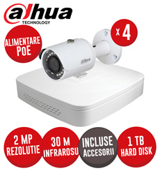 Sistem complet NVR 4 canale 6MP, 4 camere IP 2MP, IR 30m, alimentare PoE, HDD, Cablu - KIT447