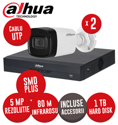 Sistem complet DVR 4 canale 5MP-N, 2 camere 5MP, IR 80m, SMD+, Audio , accesorii, UTP - KIT457