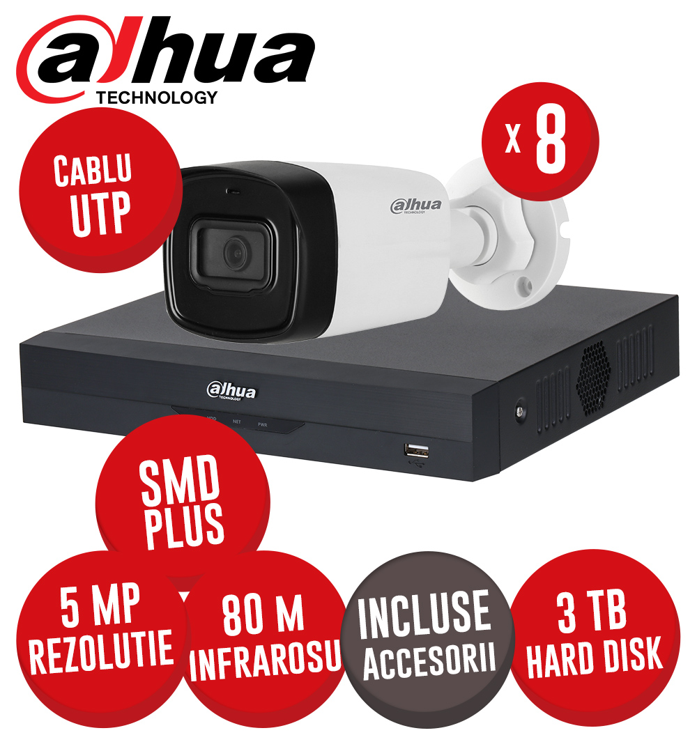 Sistem complet DVR 8 canale 5MP-N,8 camere 5MP, IR 80m, SMD+, Audio , accesorii, UTP - KIT461