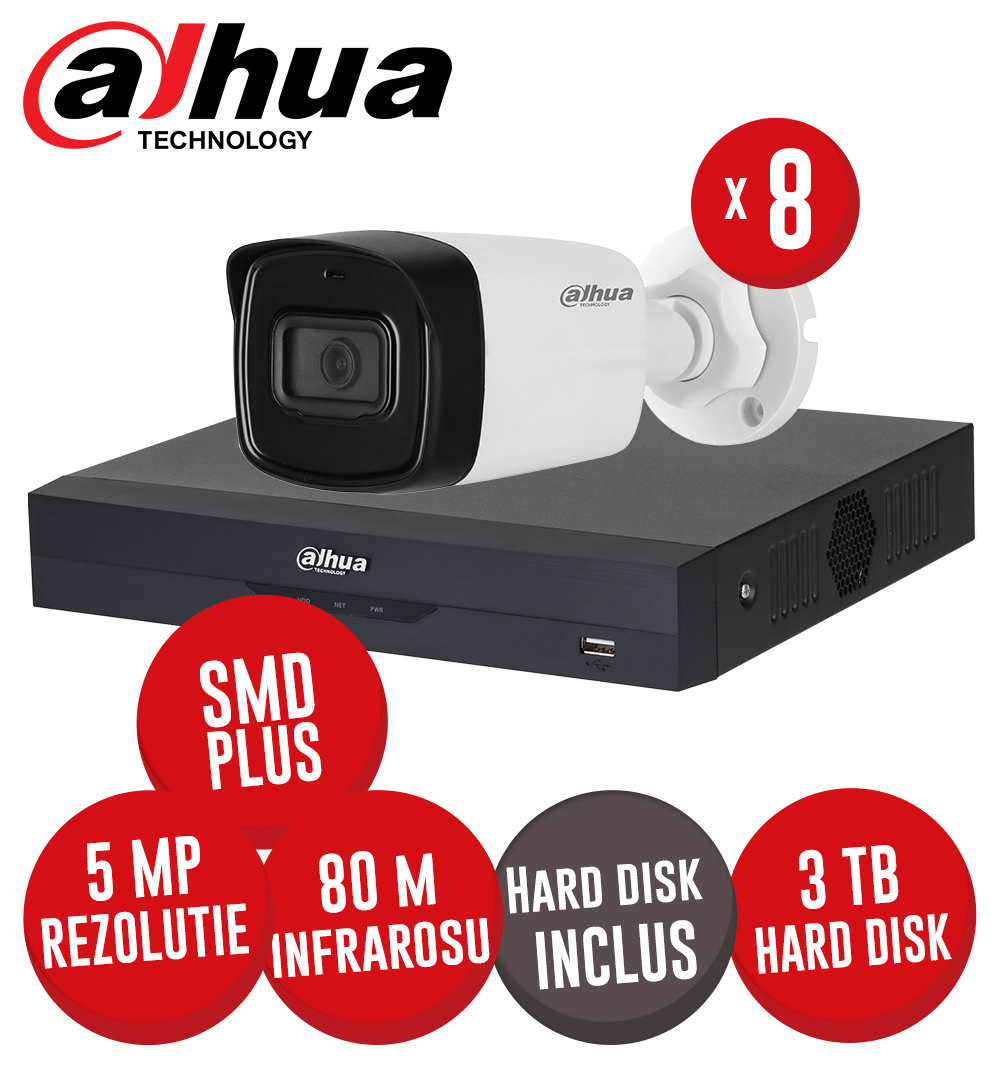 Kit DVR 8 canale 5MP-N, 8 camere 5MP, IR 80m, SMD+, Audio si HDD - KIT462