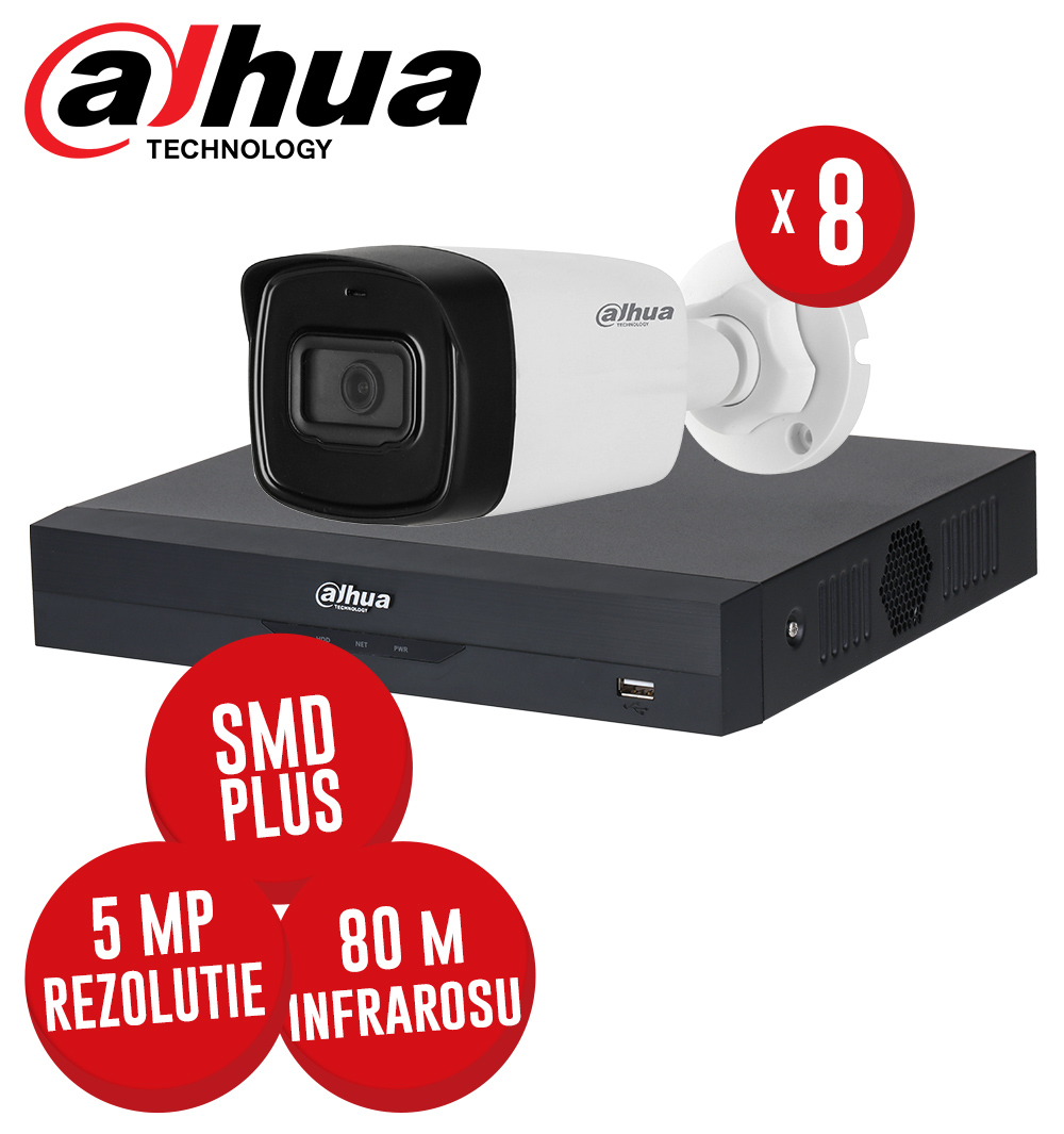 Kit DVR 8 canale 5MP-N si 8 camere 5MP, IR 80m, SMD+, Audio - KIT463