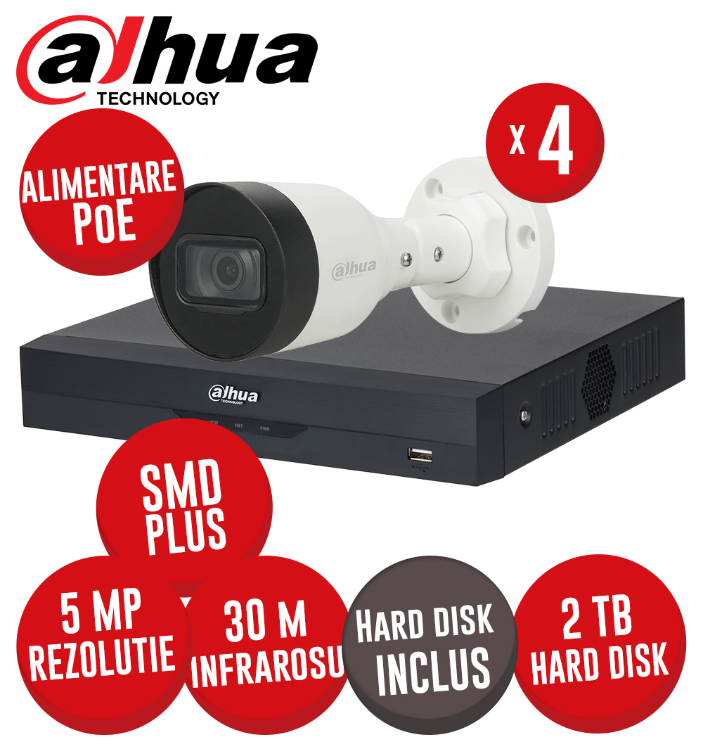 Kit NVR 4 canale 8MP, 4 camere IP 5MP, IR 30m, Switch PoE, HDD - KIT471