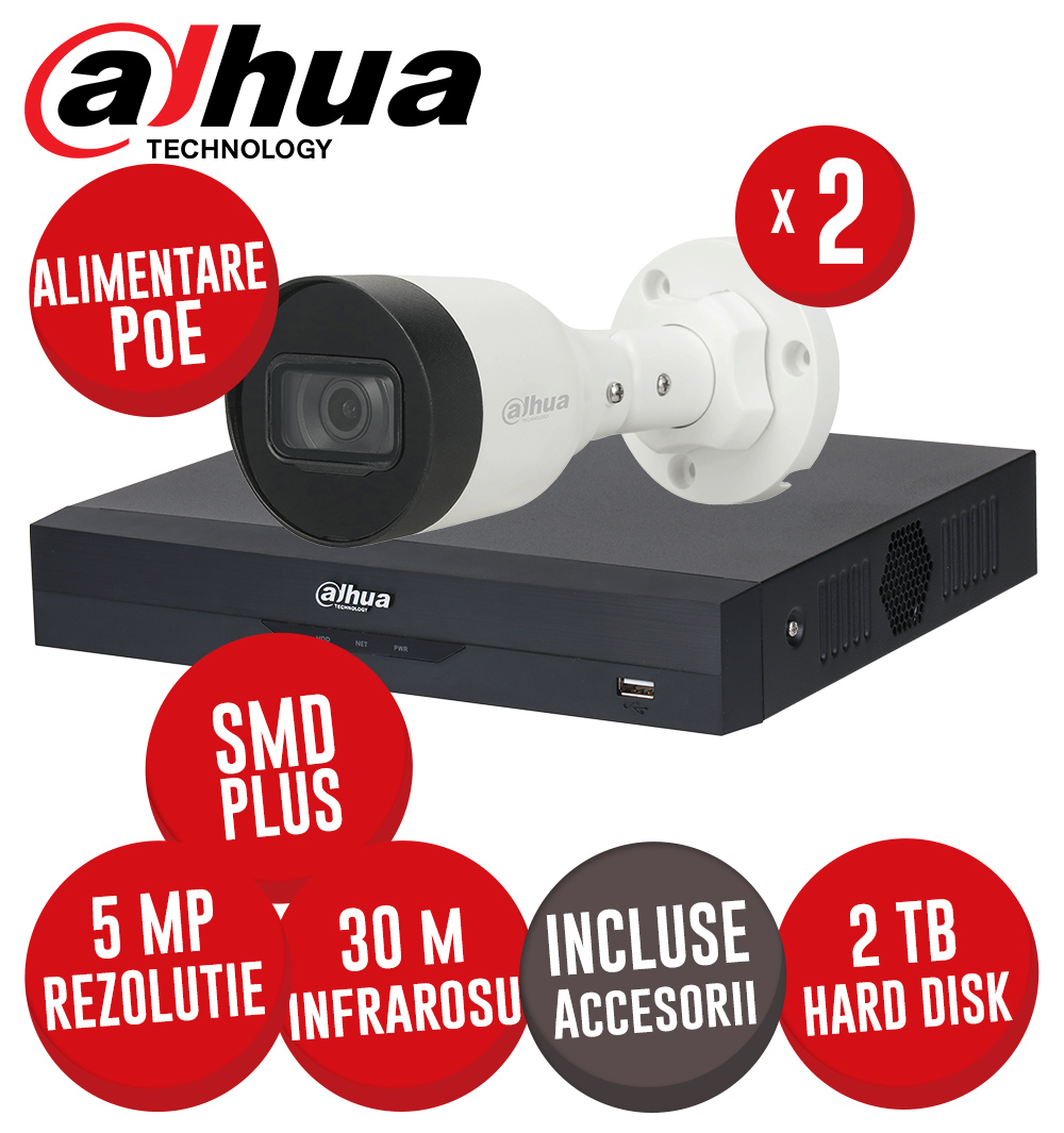 Sistem complet NVR 4 canale 8MP, 2 camere IP 5MP, IR 30m, Switch PoE, HDD, accesorii -  KIT473