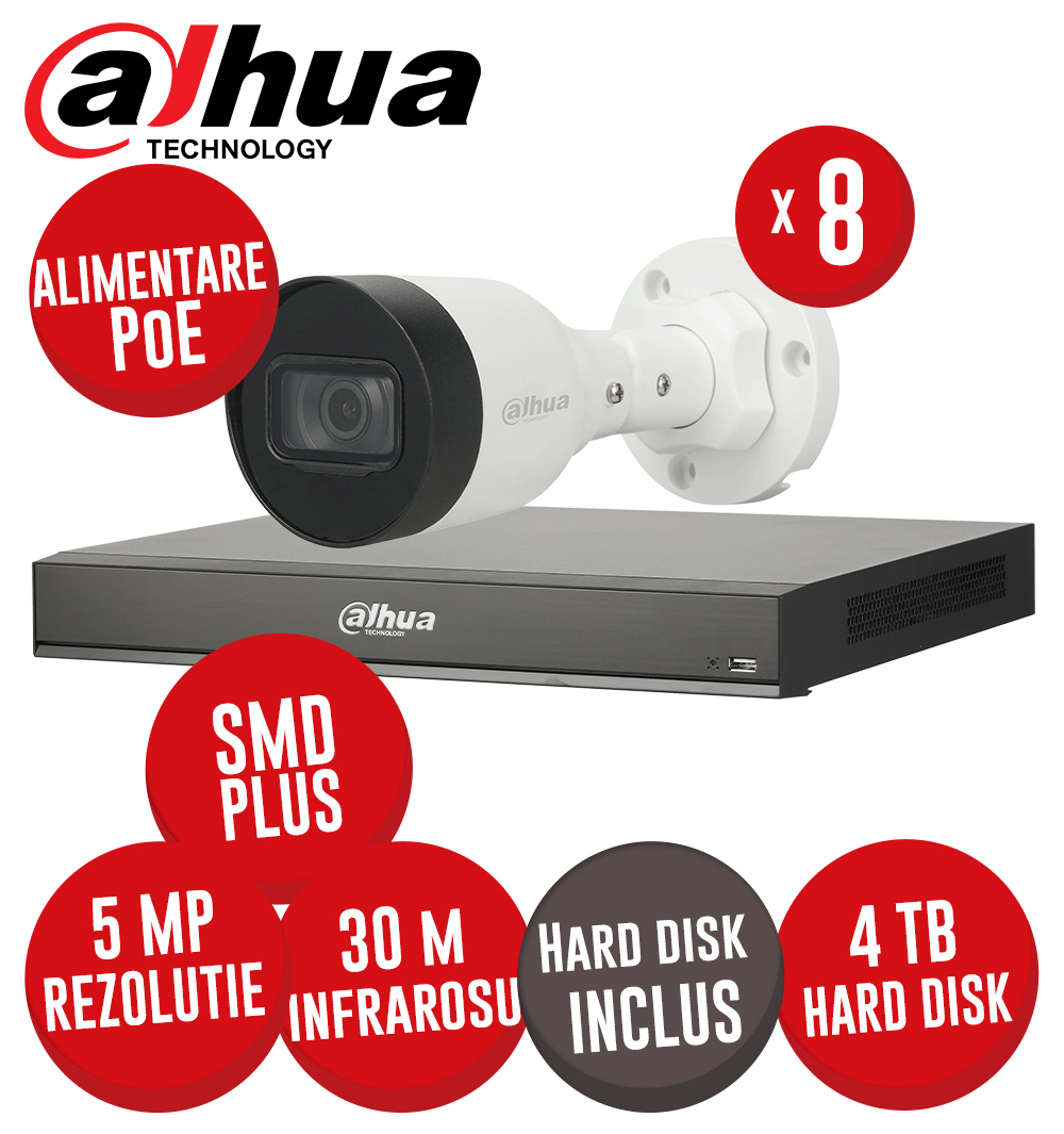 Kit NVR 8 canale 8MP, 8 camere IP 5MP, IR 30m, Switch PoE, HDD - KIT475