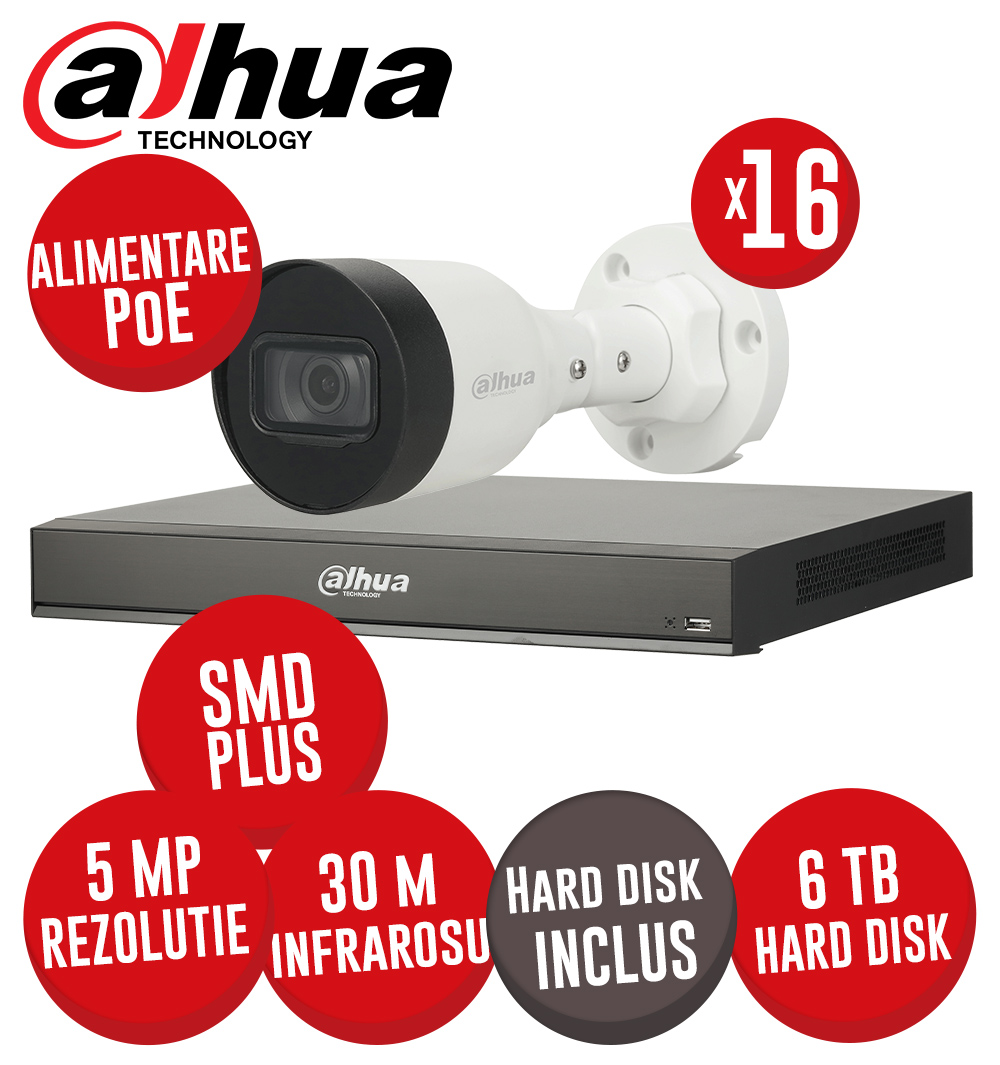 Kit NVR 16 canale 8MP, 16 camere IP 5MP, IR 30m, Alimentare PoE, HDD - KIT478