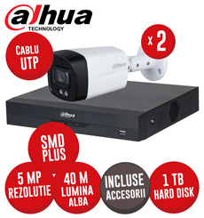 Sistem complet DVR 4 canale 5MP-N, 2 camere 5MP, LED 40m, SMD+, Audio, accesorii, UTP -  KIT487
