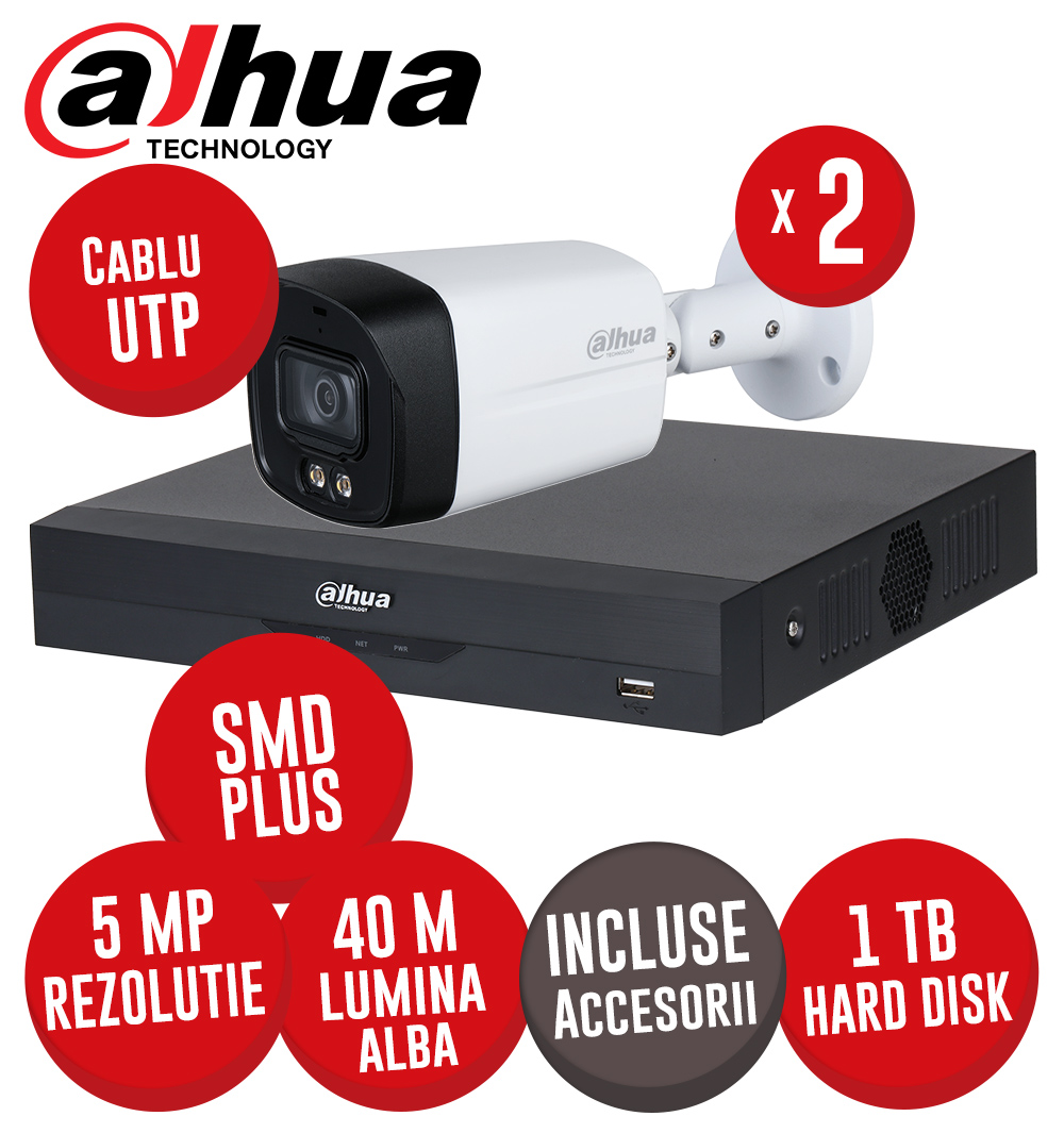 Sistem complet DVR 4 canale 4K, 2 camere 5MP, LED 40m, SMD+, Audio, accesorii, UTP - KIT488