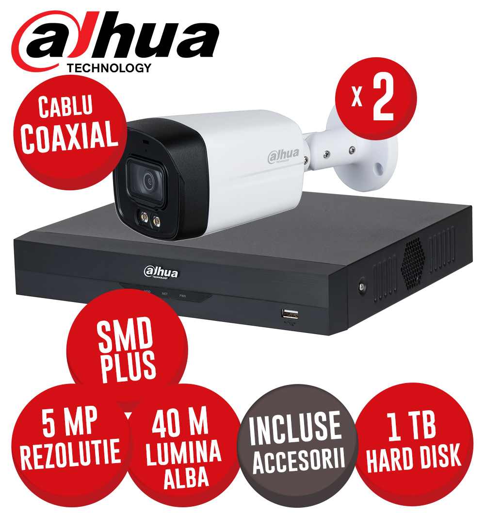 Sistem complet DVR 4 canale 5MP-N, 2 camere 5MP, LED 40m, SMD+, Audio, accesorii, Coaxial - KIT497