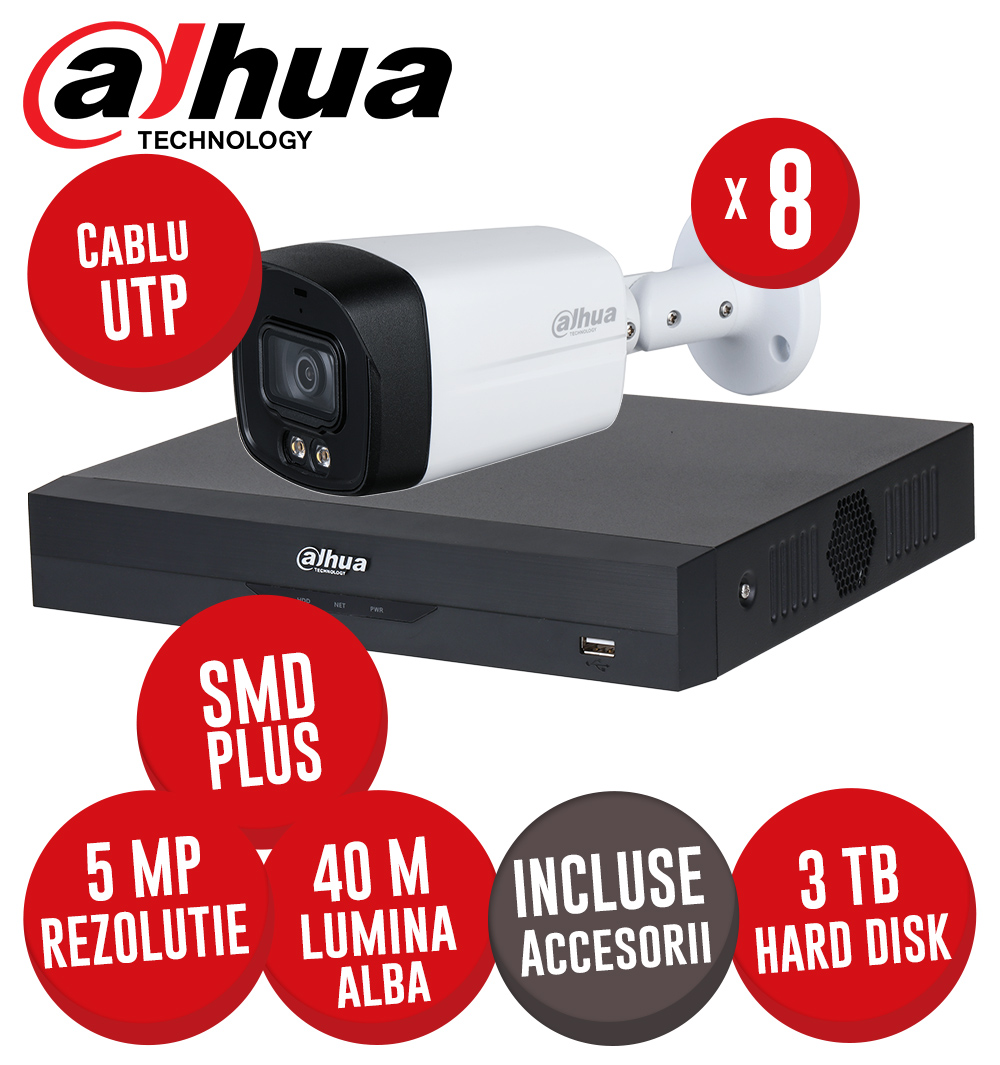 Sistem complet DVR 8 canale 5MP-N, 8 camere 5MP, LED 40m, SMD+, Audio, accesorii, UTP - KIT501