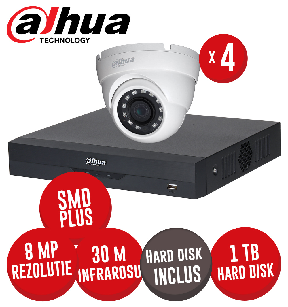 Kit DVR 4 canale 4K SMD+, 4 camere 8MP dome, IR 30m si HDD 1TB - KIT511
