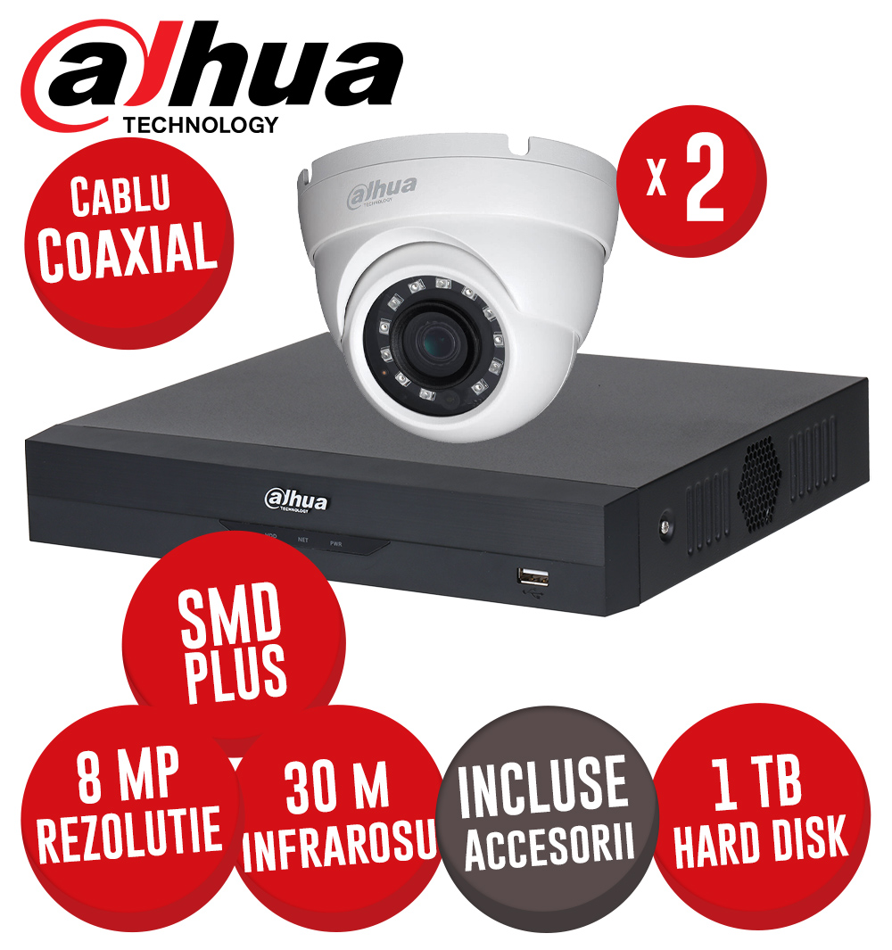 Sistem DVR 4 canale 4K SMD+, 2 camere 8MP dome, IR 30m, HDD 1TB, si accesorii, coaxial - KIT514