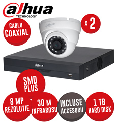 Sistem DVR 4 canale 4K SMD+, 2 camere 8MP dome, IR 30m, HDD 1TB, si accesorii, coaxial - KIT514