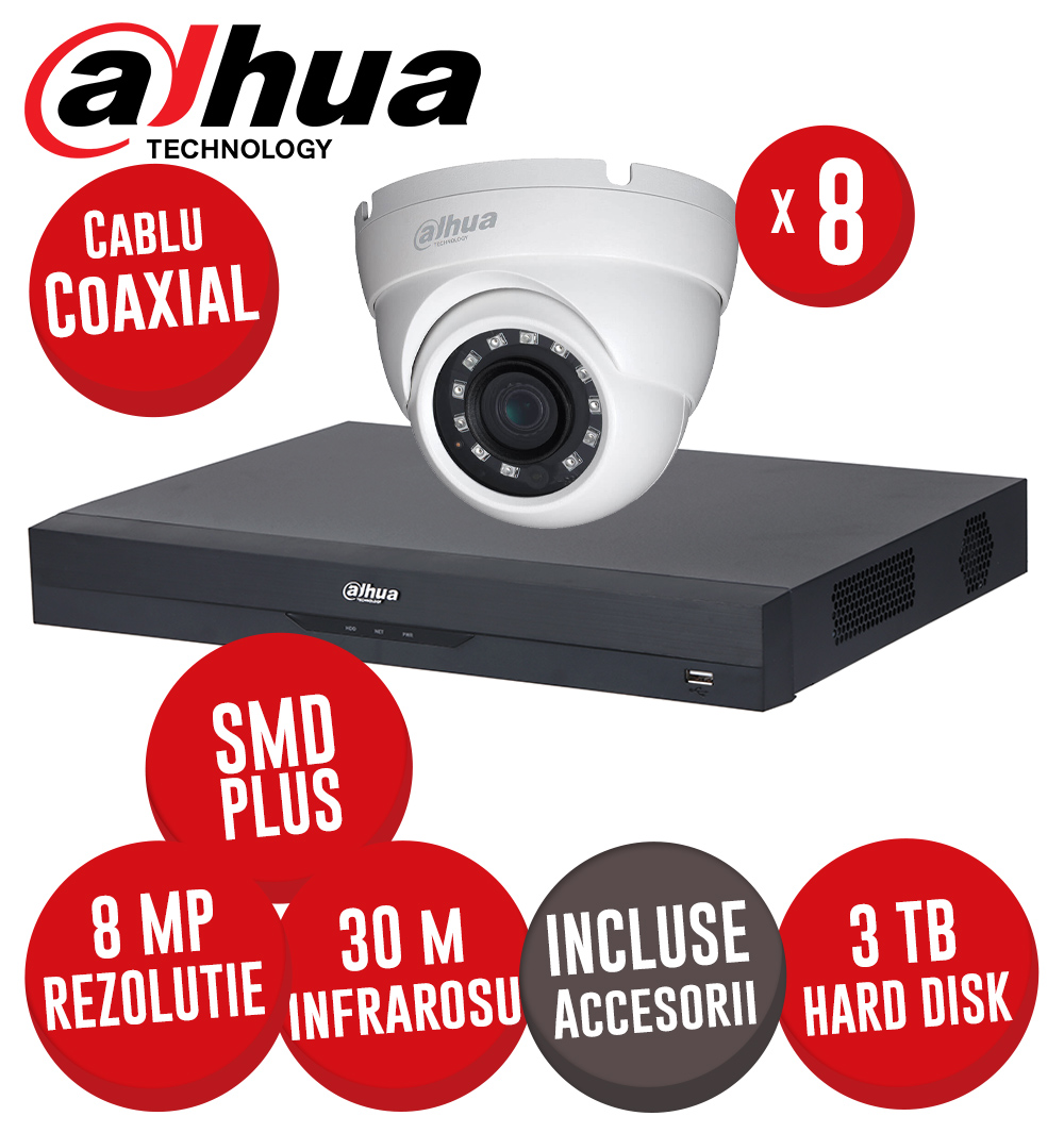 Sistem DVR 8 canale 4K SMD+, 8 camere 8MP dome, IR 30m, HDD 3TB, si accesorii, coaxial - KIT519