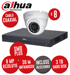Sistem DVR 8 canale 4K SMD+, 8 camere 8MP dome, IR 30m, HDD 3TB, si accesorii, coaxial - KIT519