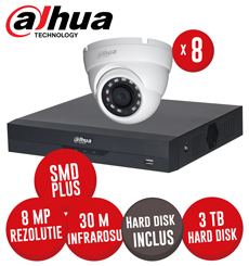 Kit DVR 8 canale 4K SMD+, 8 camere 8MP dome, IR 30m si HDD 3TB - KIT520