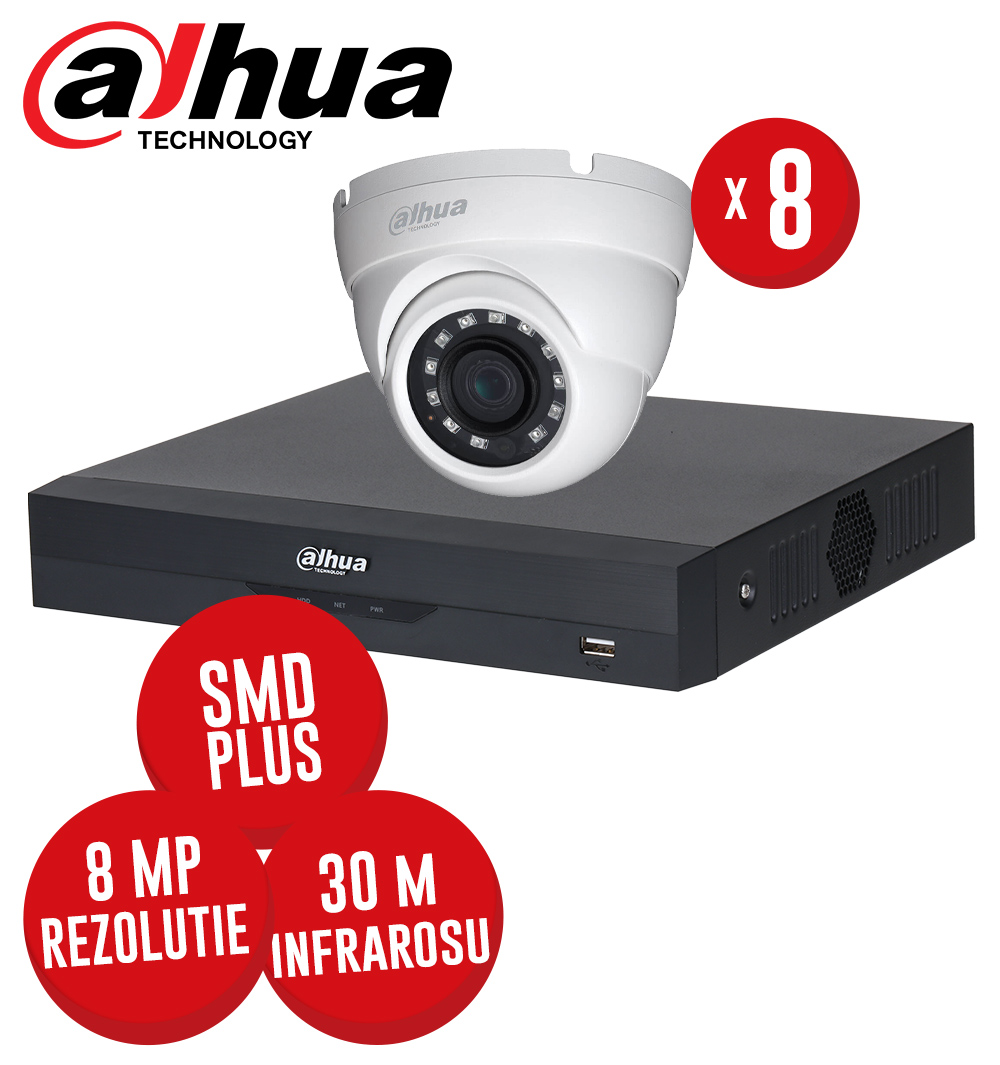 Kit DVR 8 canale 4K SMD+ si 8 camere 8MP dome, IR 30m -  KIT521