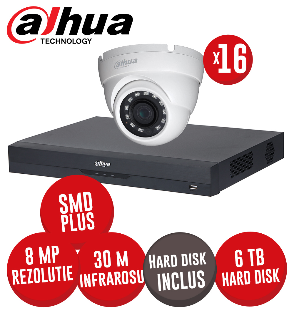 Kit DVR 16 canale 4K SMD+, 16 camere 8MP dome, IR 30m si HDD 6TB - KIT522