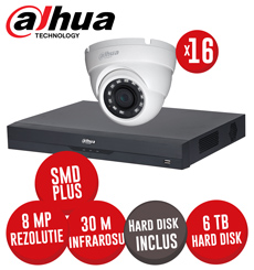 Kit DVR 16 canale 4K SMD+, 16 camere 8MP dome, IR 30m si HDD 6TB - KIT522