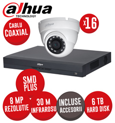 Sistem DVR 16 canale 4K SMD+, 16 camere 8MP dome, IR 30m, HDD 6TB, si accesorii, coaxial - KIT524