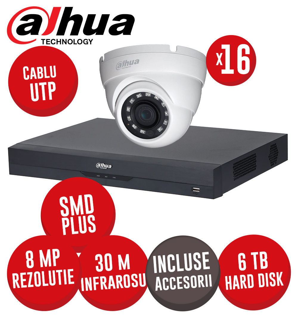 Sistem DVR 16 canale 4K SMD+, 16 camere 8MP dome, IR 30m, HDD 6TB, si accesorii, UTP -  KIT525