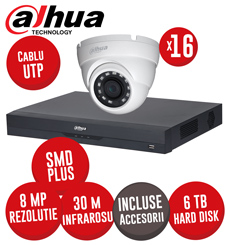 Sistem DVR 16 canale 4K SMD+, 16 camere 8MP dome, IR 30m, HDD 6TB, si accesorii, UTP -  KIT525