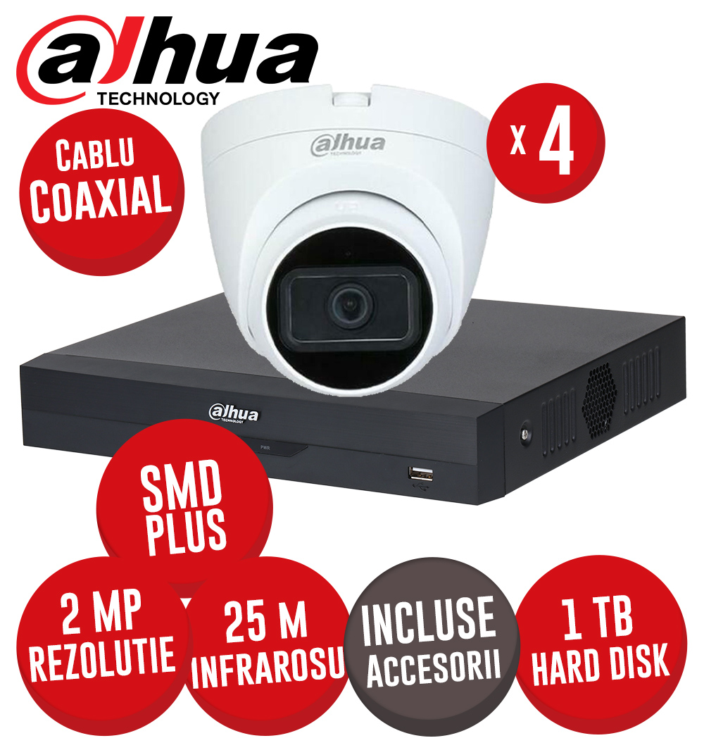 Sistem DVR 4 canale 5MP-N SMD+, 4 camere 2MP dome, IR 25m, HDD 1TB si accesorii, coaxial - KIT531