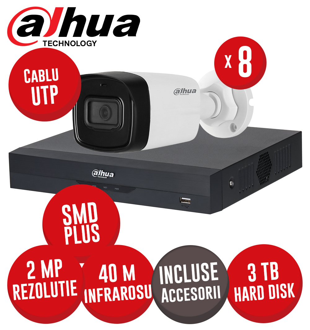 Sistem DVR 8 canale 5MP SMD+, 8 camere 2MP, IR 40m, HDD 3TB si accesorii, UTP - KIT535