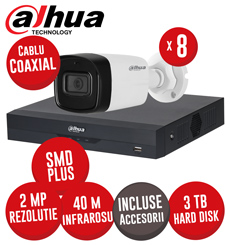 Sistem DVR 8 canale 5MP SMD+, 8 camere 2MP, IR 40m, HDD 3TB si accesorii, coaxial - KIT536