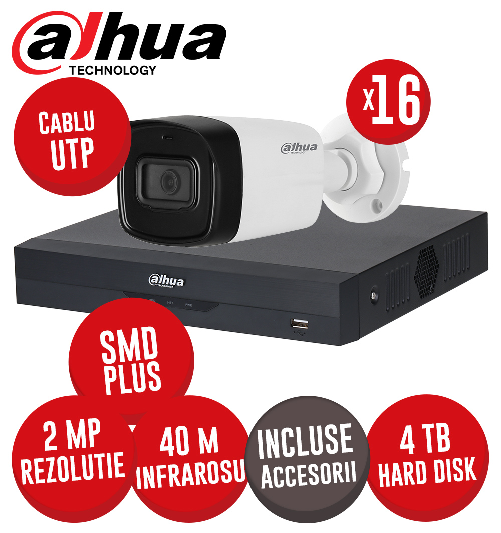 Sistem DVR 16 canale 5MP SMD+, 16 camere 2MP, IR 40m, HDD 4TB si accesorii, UTP - KIT541
