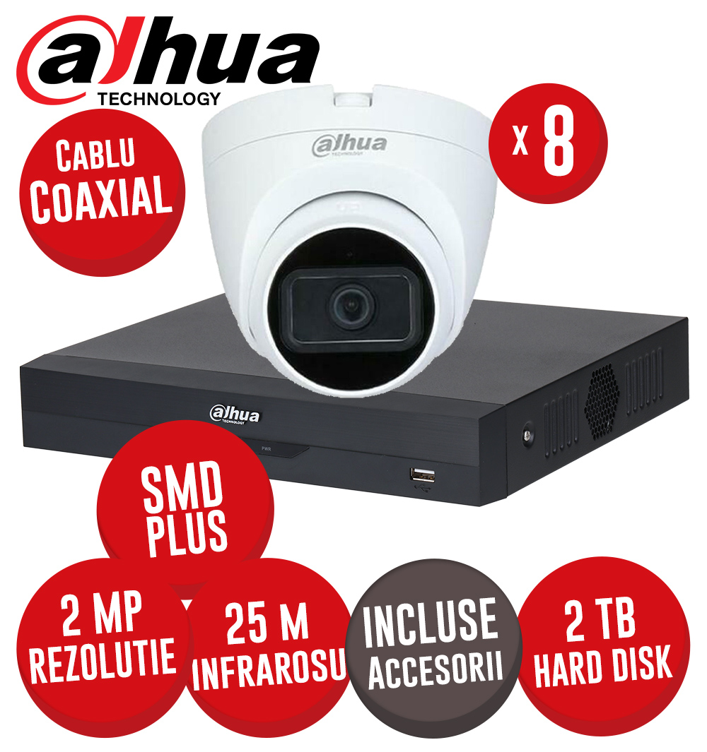 Sistem DVR 8 canale 5MP-N SMD+, 8 camere 2MP dome, IR 25m, HDD 2TB si accesorii, UTP - KIT550