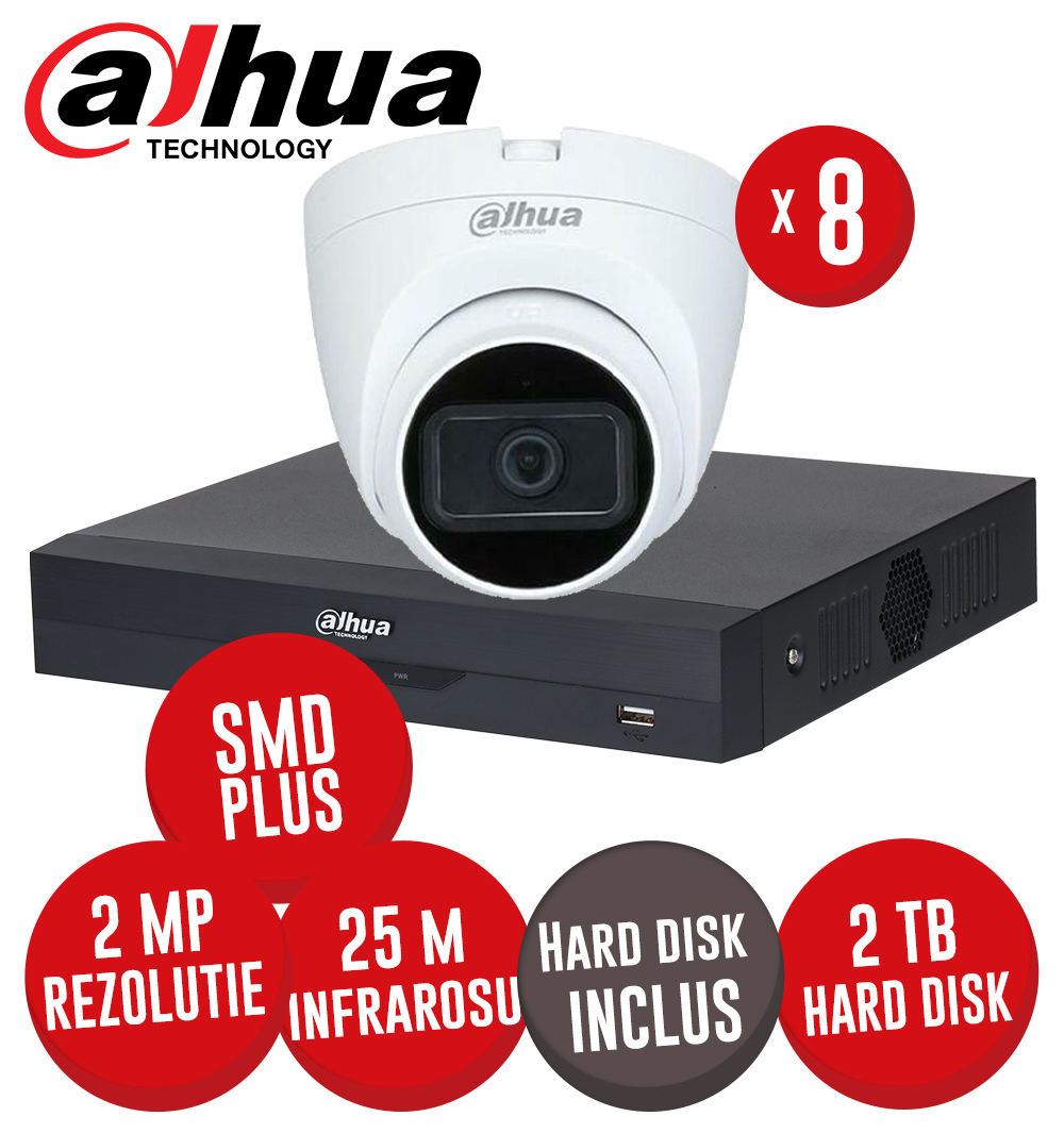 KIT DVR 8 canale 5MP-N SMD+, 8 camere 2MP dome, IR 25m, HDD 2TB - KIT552