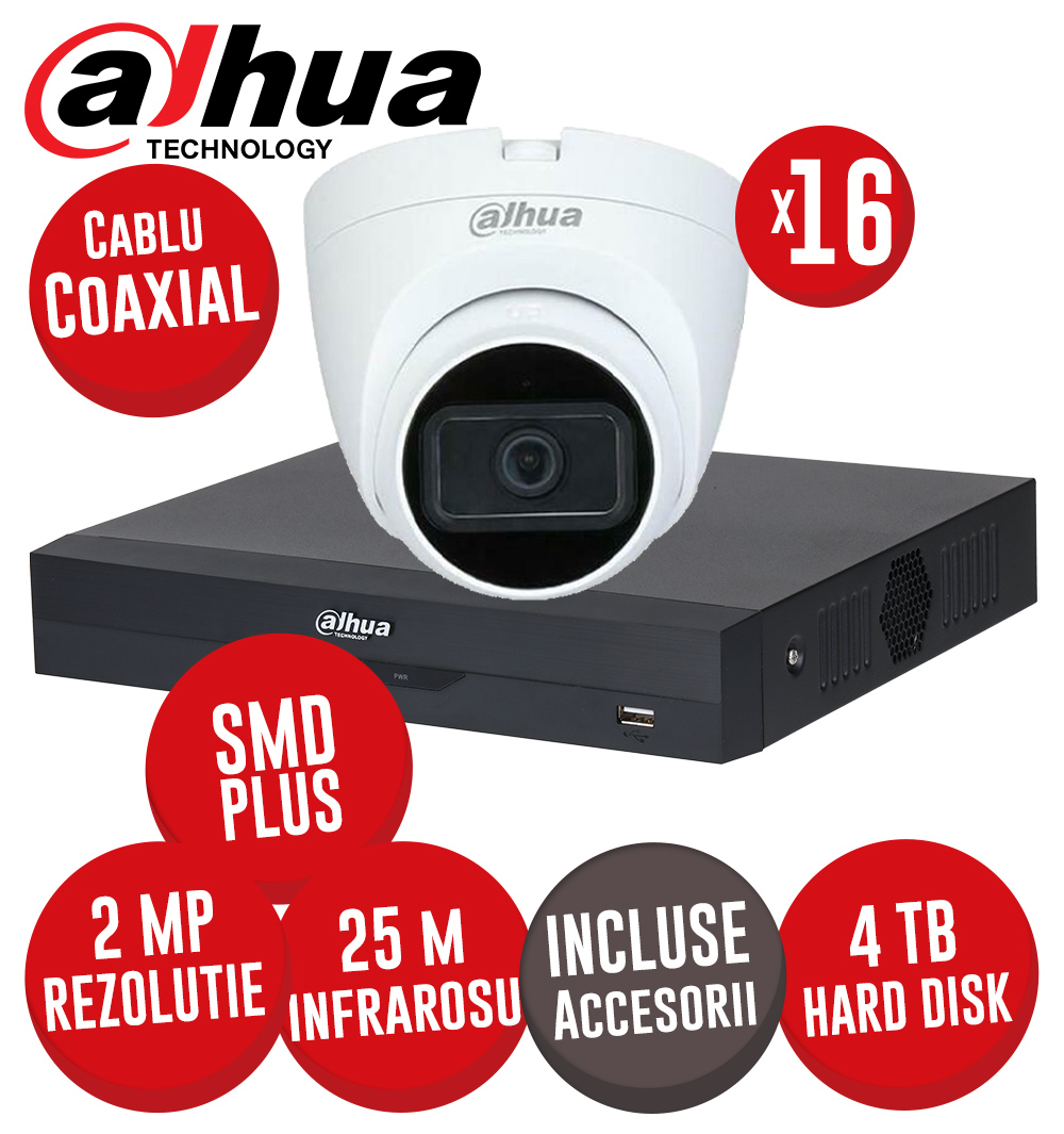 Sistem DVR 16 canale 5MP-N SMD+, 16 camere 2MP dome, IR 25m, HDD 4TB si accesorii, coaxial - KIT556