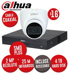 Sistem DVR 16 canale 5MP-N SMD+, 16 camere 2MP dome, IR 25m, HDD 4TB si accesorii, coaxial - KIT556